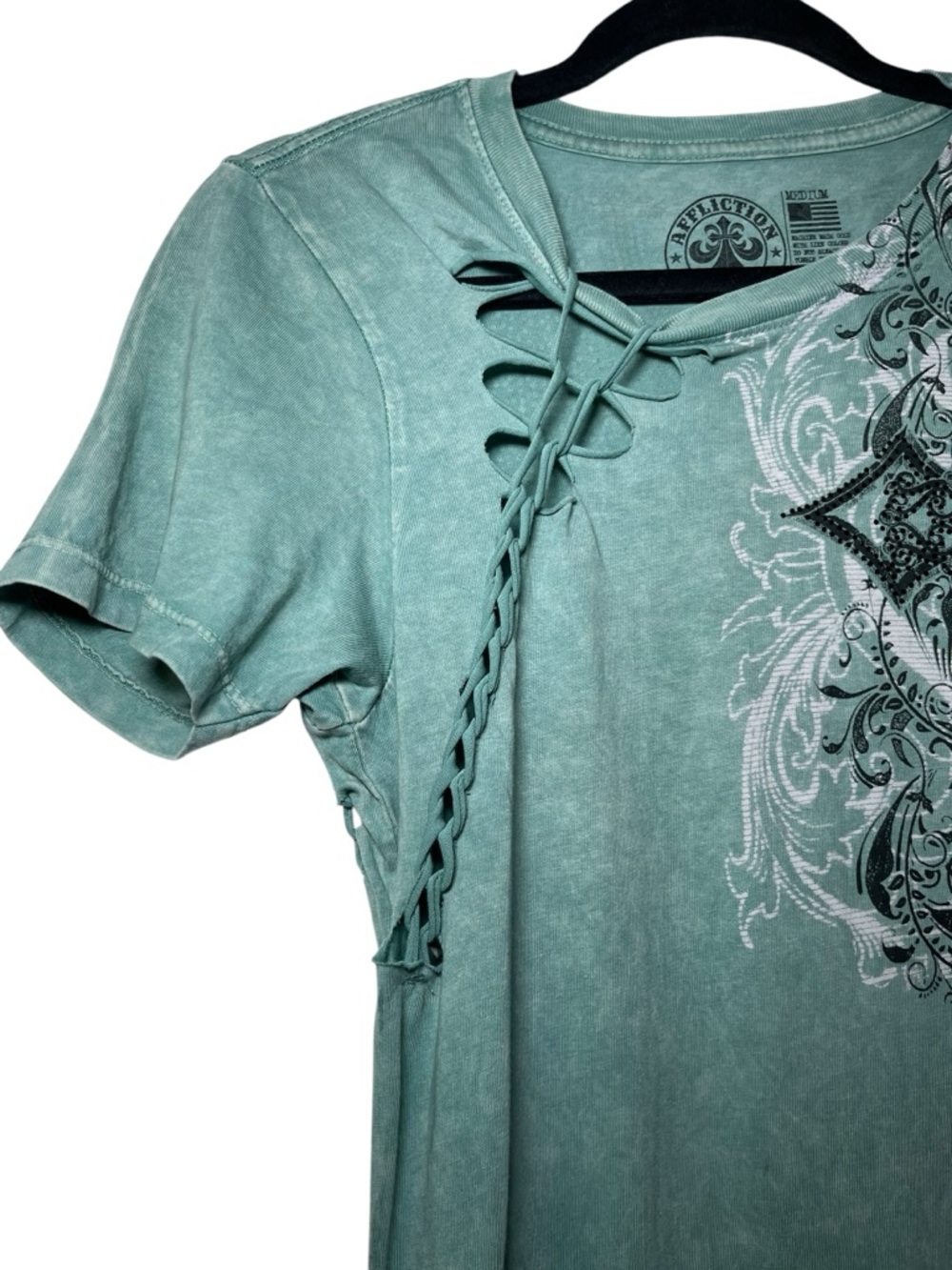 Buckle Affliction Lace-Up Y2K Deep Sea Lava Wash Graphic Short Sleeve Tee Medium - Picture 6 of 16
